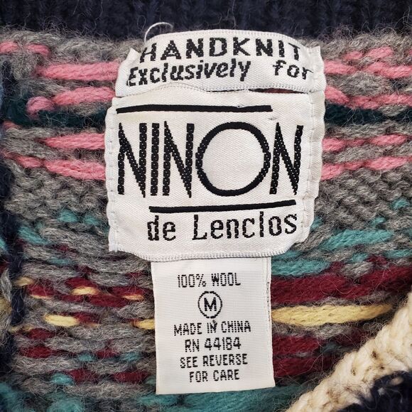 Ninon de Lenclos Handknit 100% Wool Sweater M Fair Isle Patchwork Nordic Cottage - Picture 10 of 11